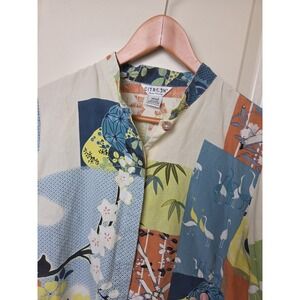 Citron Santa Monica Silk Linen Blouse Mandarin Collar Bird Bamboo Art Sz L 90s